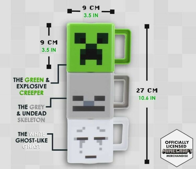 Набір 3 чашок Minecraft Stacking Coffee Mugs Creeper Skeleton and Ghast кружки Майнкрафт 250 мл Набір 3 чашок Minecraft Stacking Coffee Mugs Creeper Skeleton and Ghast кружки Майнкрафт 250 мл