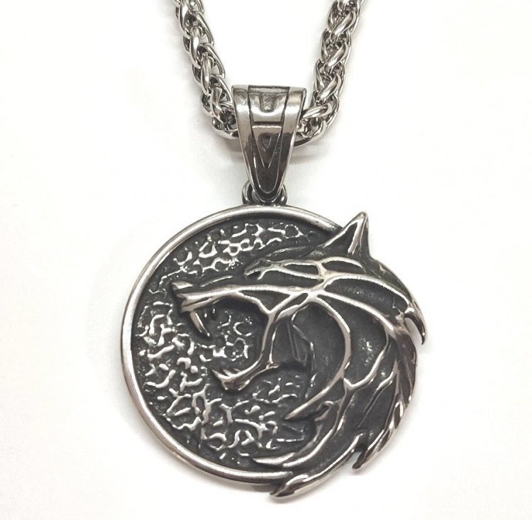 Кулон Геральта медальйон 3D Відьмак (The Witcher) з нержавіючої сталі + деревяний бокс №2